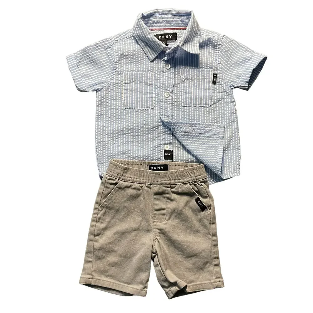 DKNY Boys 2-Piece Blue Plaid Woven Shirt & Shorts Set Bundle Size 12M